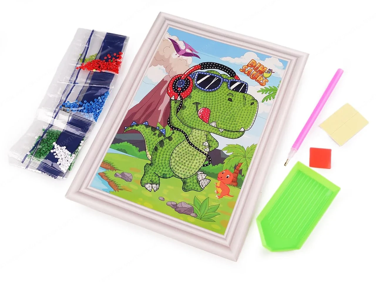 Dinosaur diamond painting kit with framed beaded art, gem packets, pink pen, wax squares and green tray