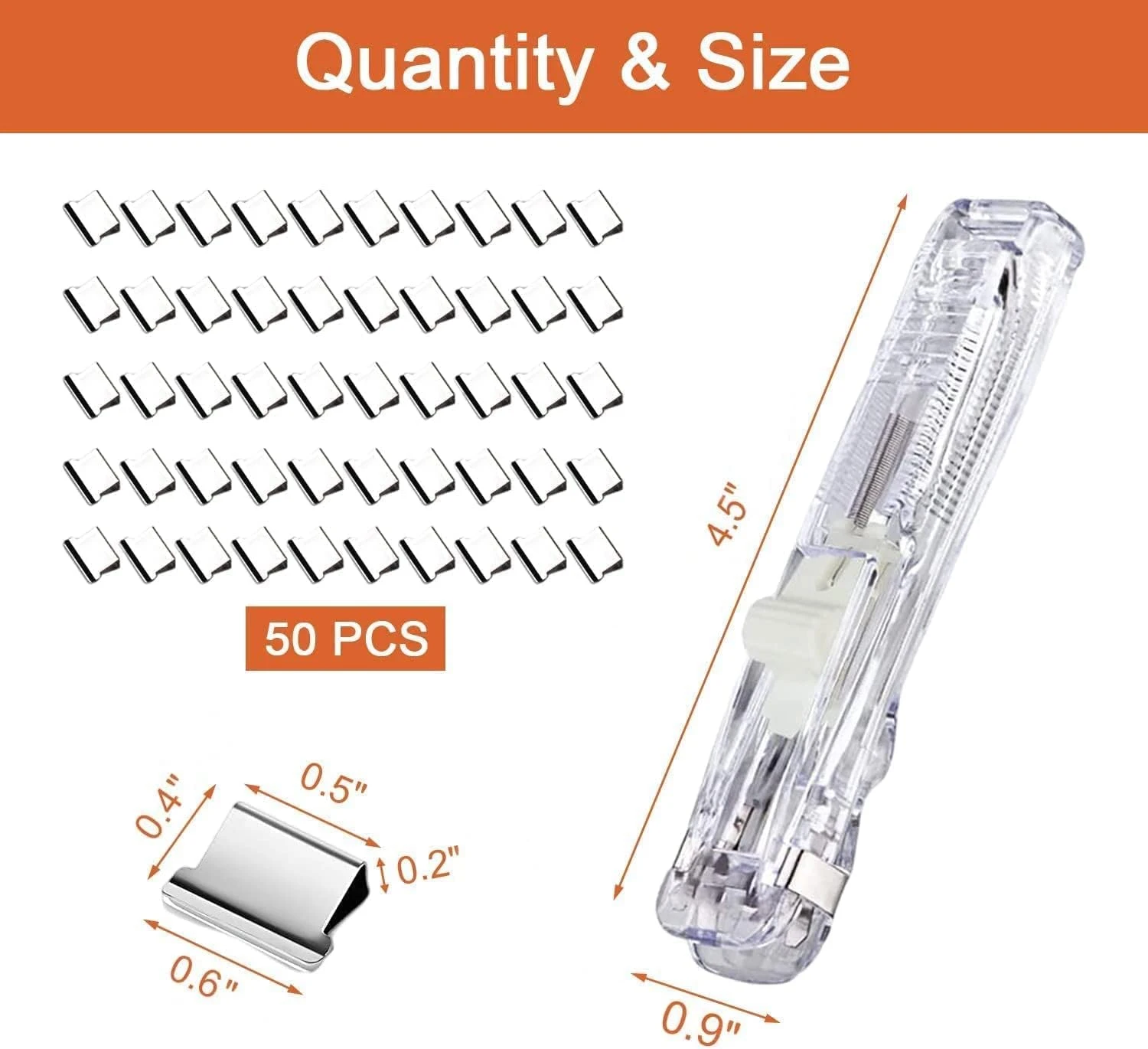 Quantity and size chart showing 50 refill clips and stapler dimensions in inches