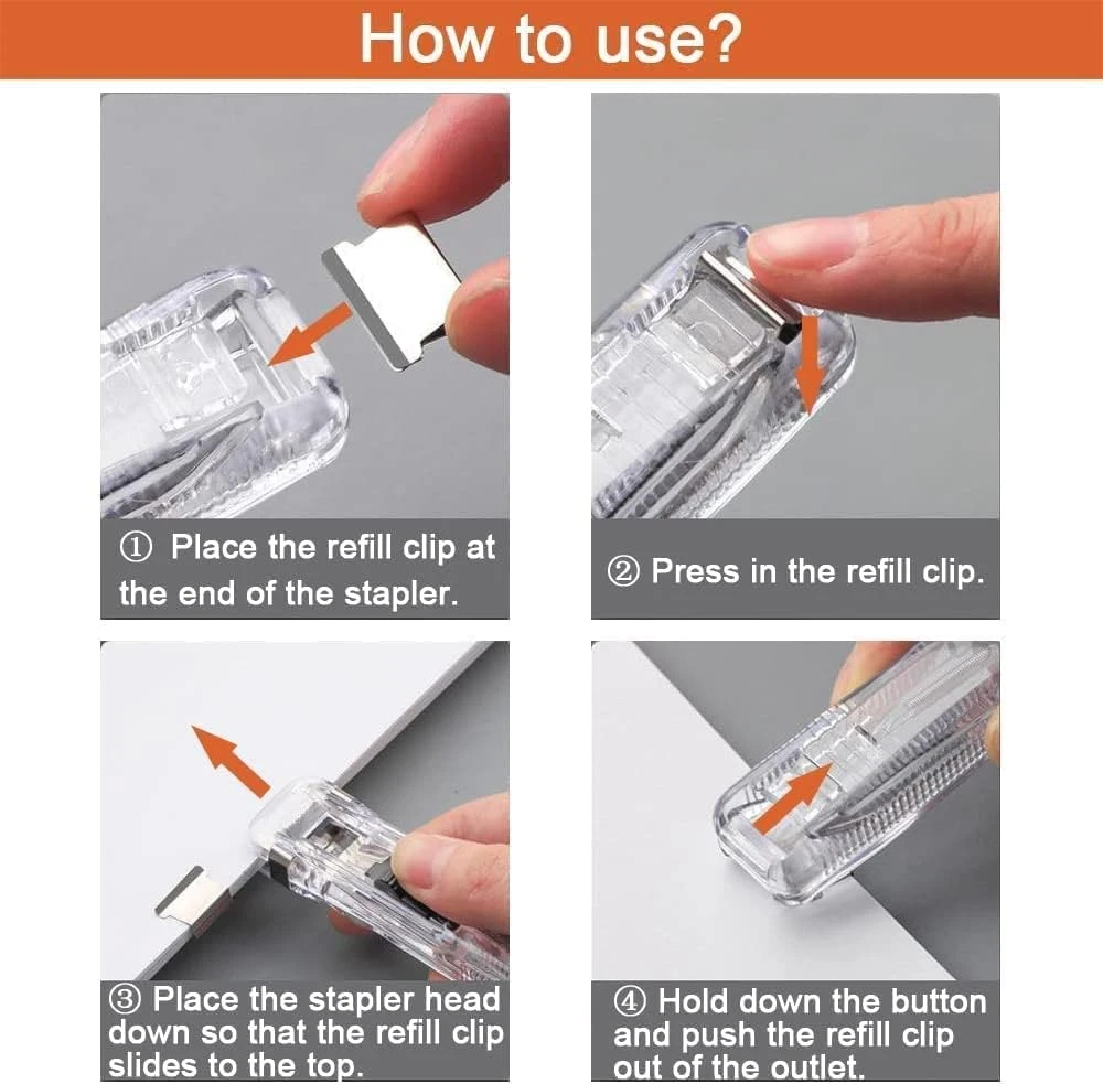 Four-step guide showing how to insert a clip and bind paper with the stapler
