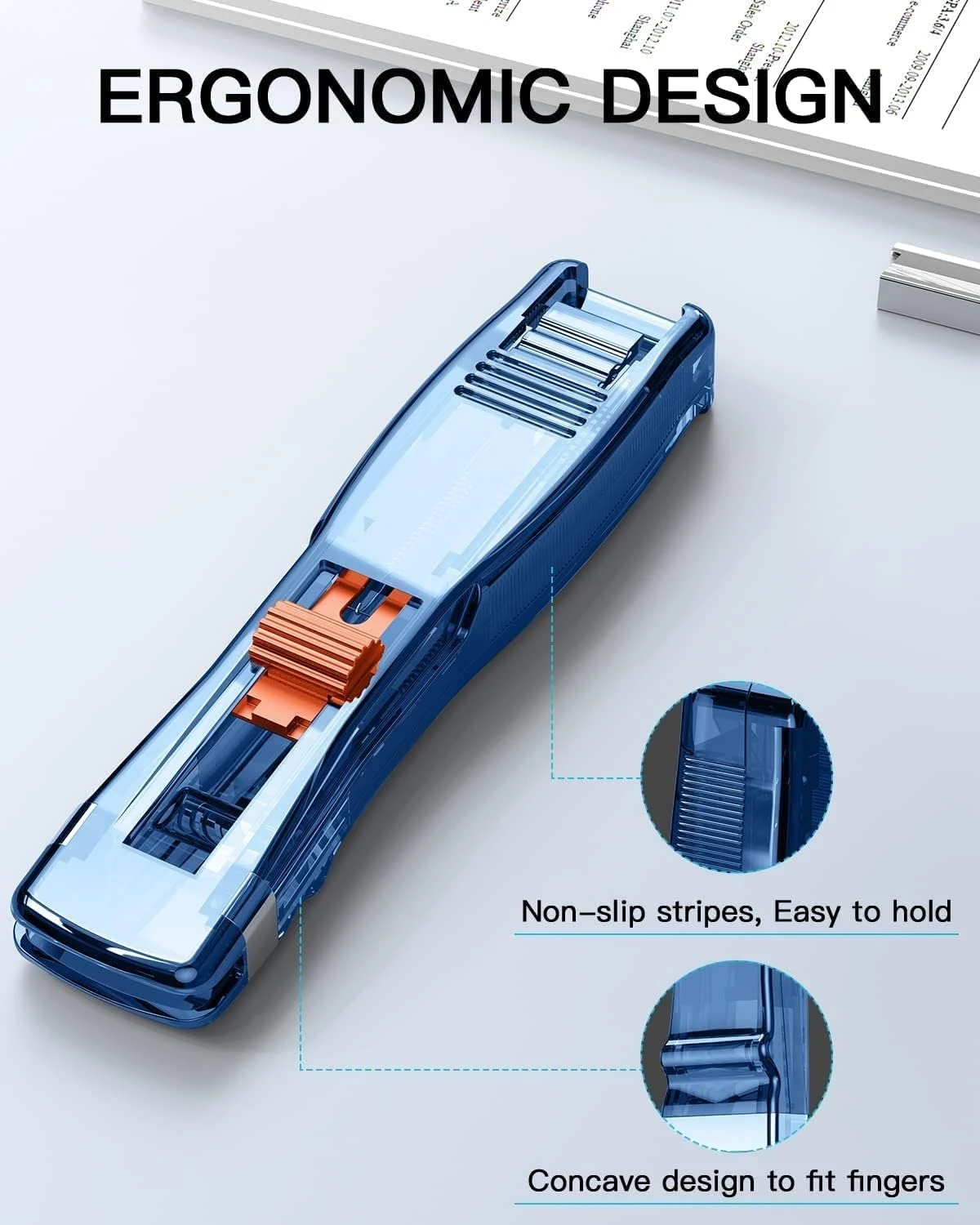 Blue transparent stapler close-up highlighting non-slip grip and finger-fit concave sides