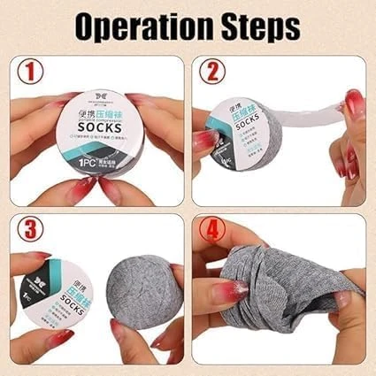 Four-step infographic showing gray socks unrolled from a round travel case by hand
