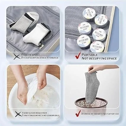 Four-panel comparison showing rolled socks in round cases versus folded socks and hand washing in a basin