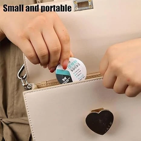 Round sock travel case being placed into a beige zip purse, with "Small and portable" text above