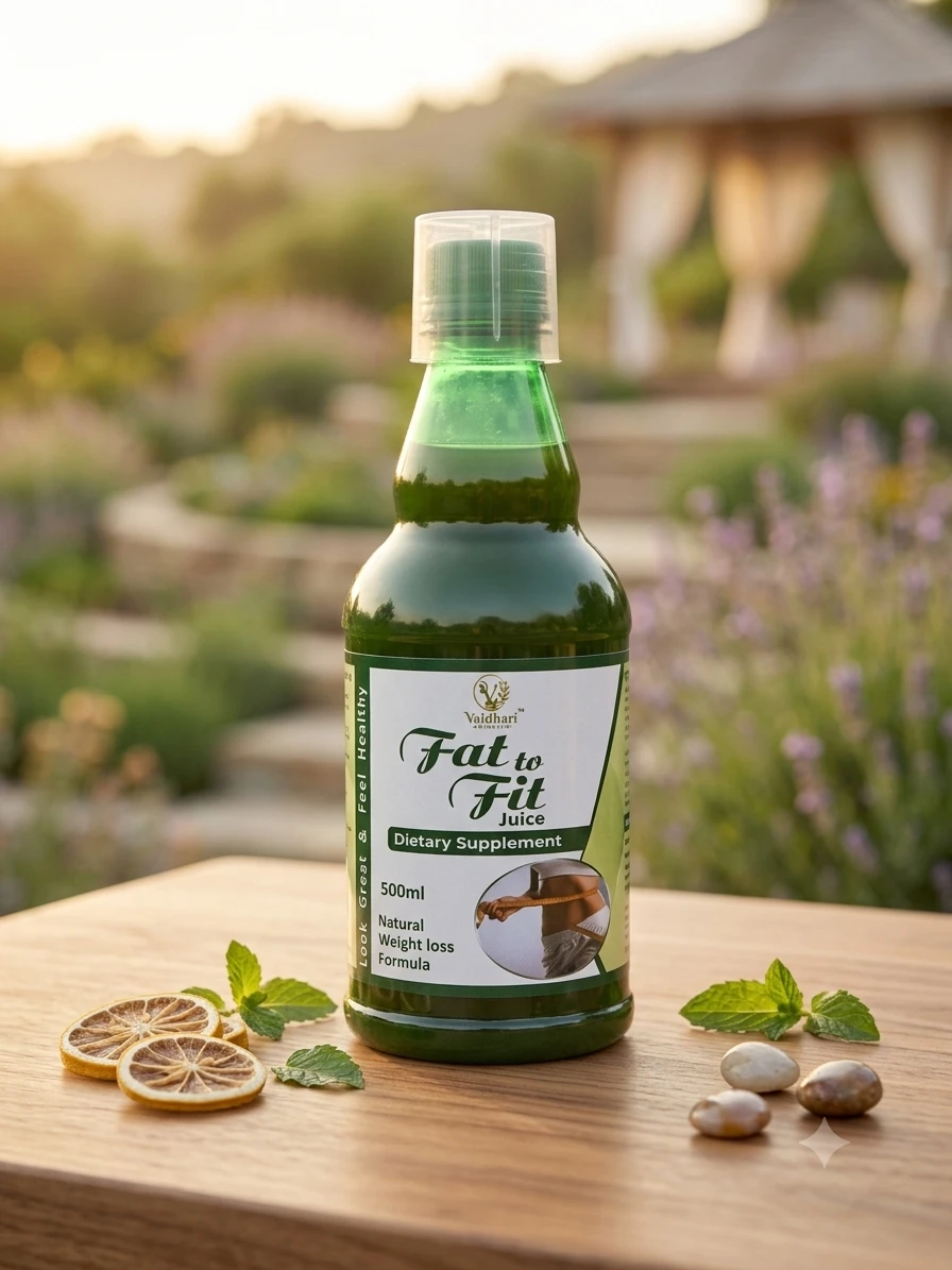 Front view of green 500ml Fat to Fit Juice bottle with clear cap on wooden table outdoors
