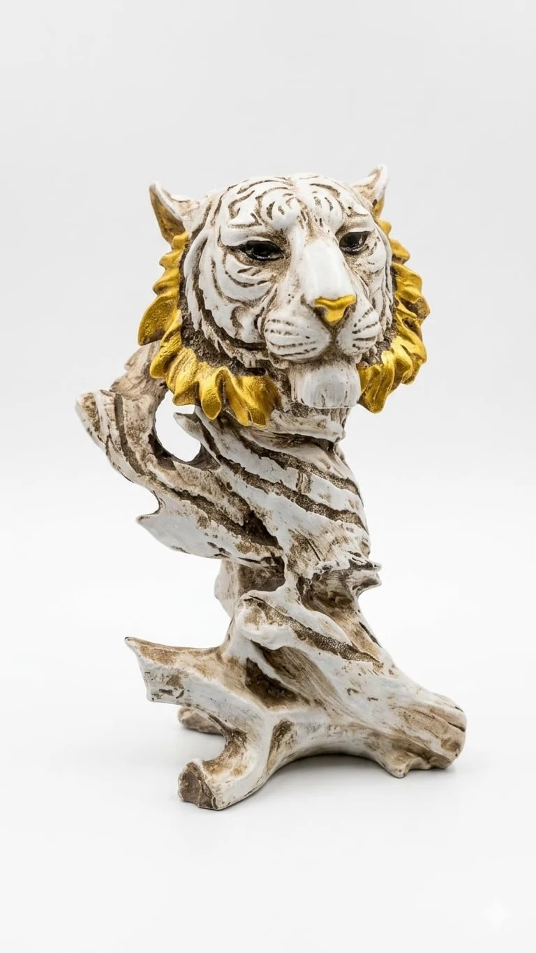 Angled studio view of the white tiger bust on a driftwood-textured base against a plain background