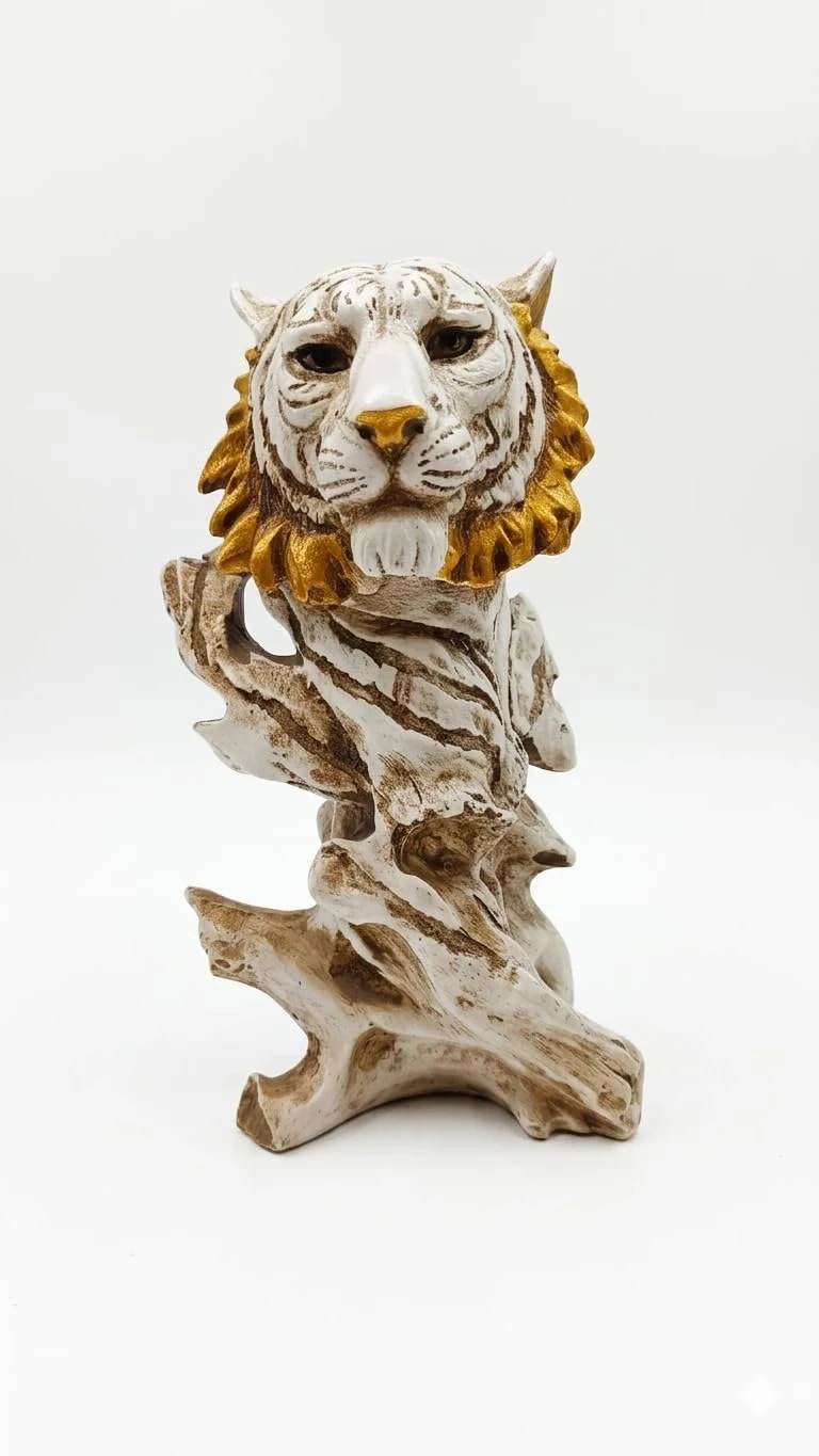 Front view highlighting the tiger face, gold-toned mane, and sculpted wood-look stand