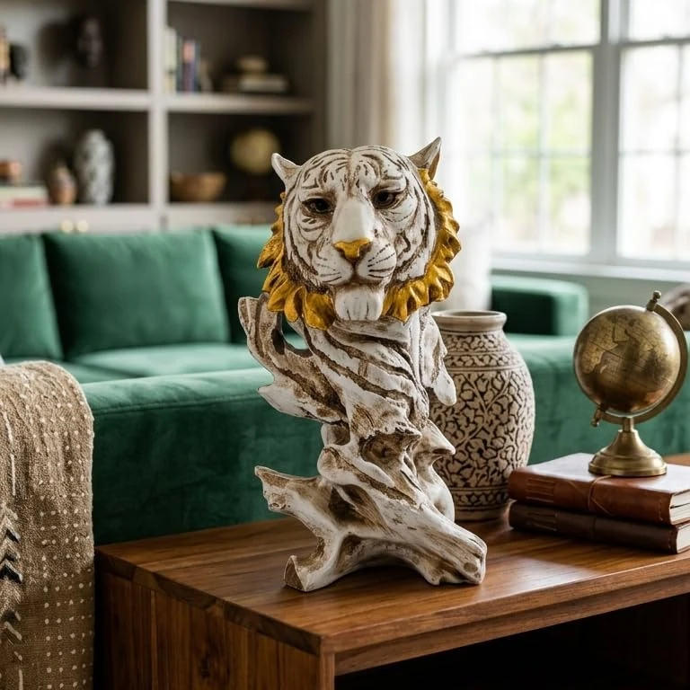 Tabletop styling shot with the tiger sculpture placed near books, a vase, and a globe in a living room