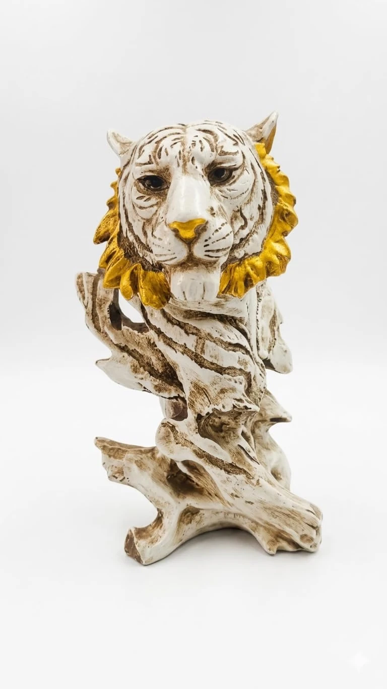 Close studio view showing painted facial details and the branching driftwood-style base
