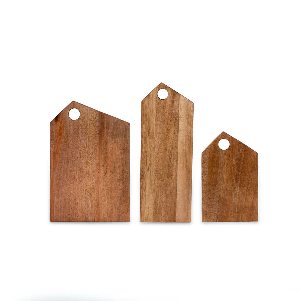 Front view of the three acacia boards standing upright, showing different sizes and wood grain