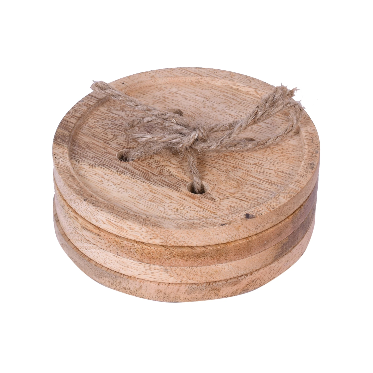Top angled view of four stacked round wooden coasters tied together with rustic jute rope