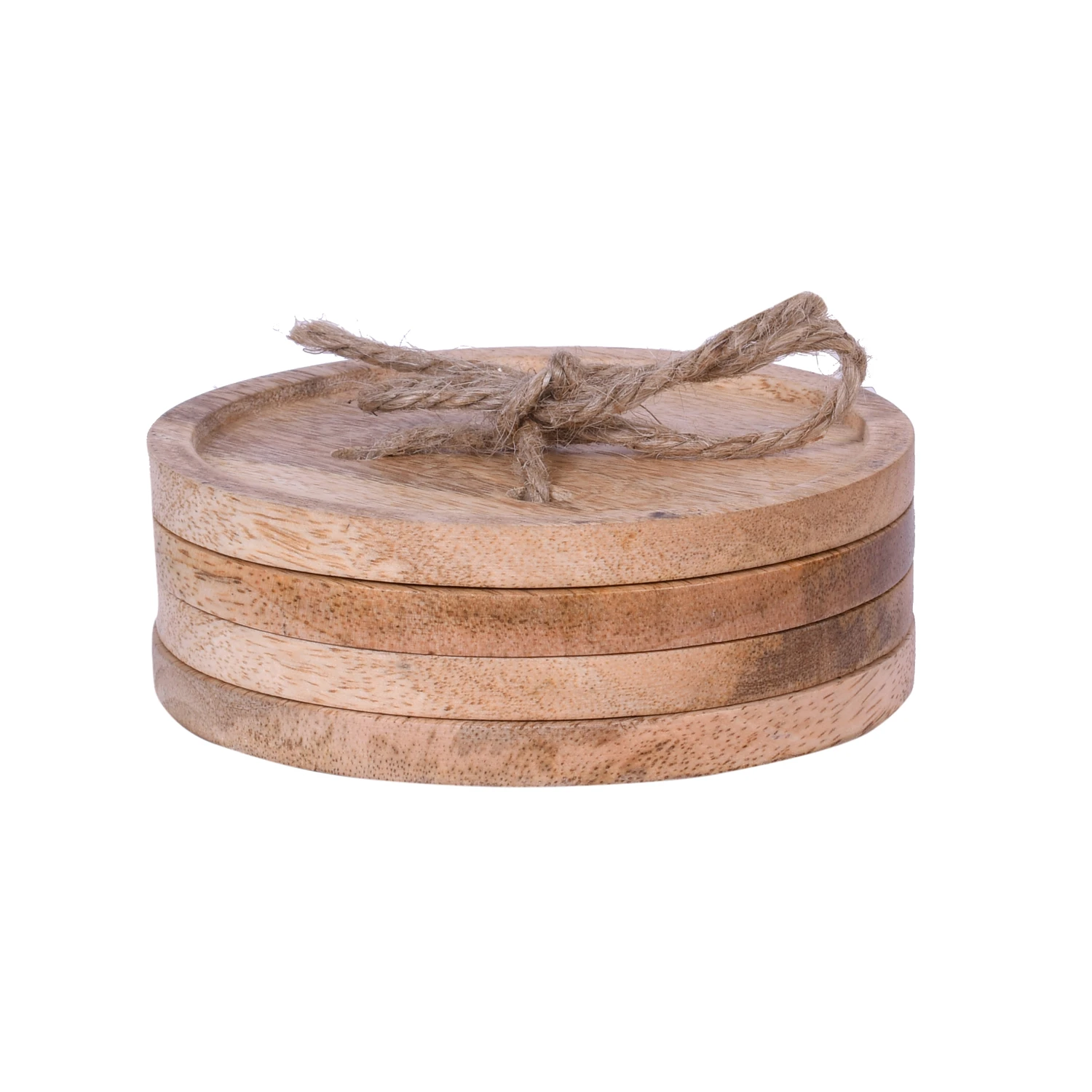 Side view of the stacked natural wood coasters showing layered thickness and rope tie