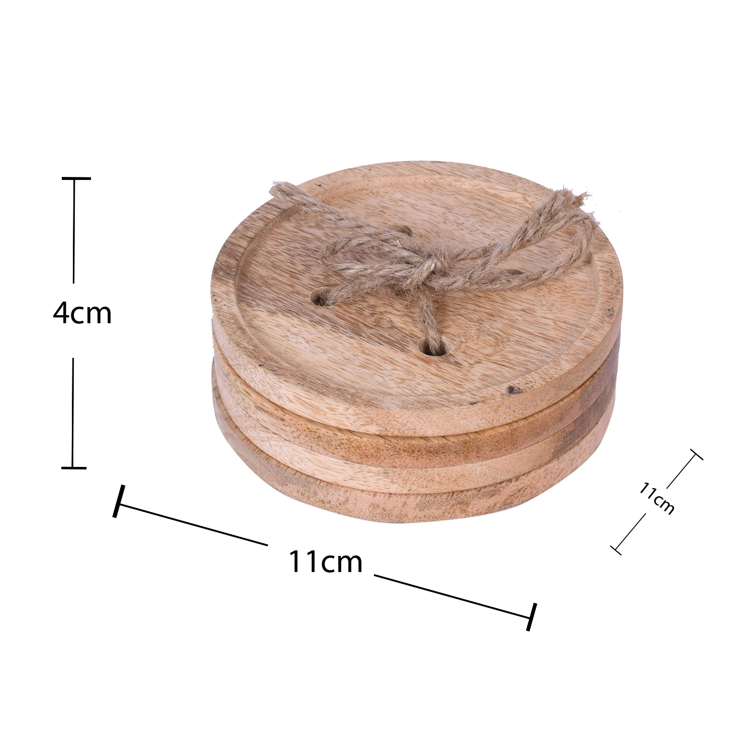 Wooden coaster set with printed dimensions shown as 11 cm diameter and 4 cm height