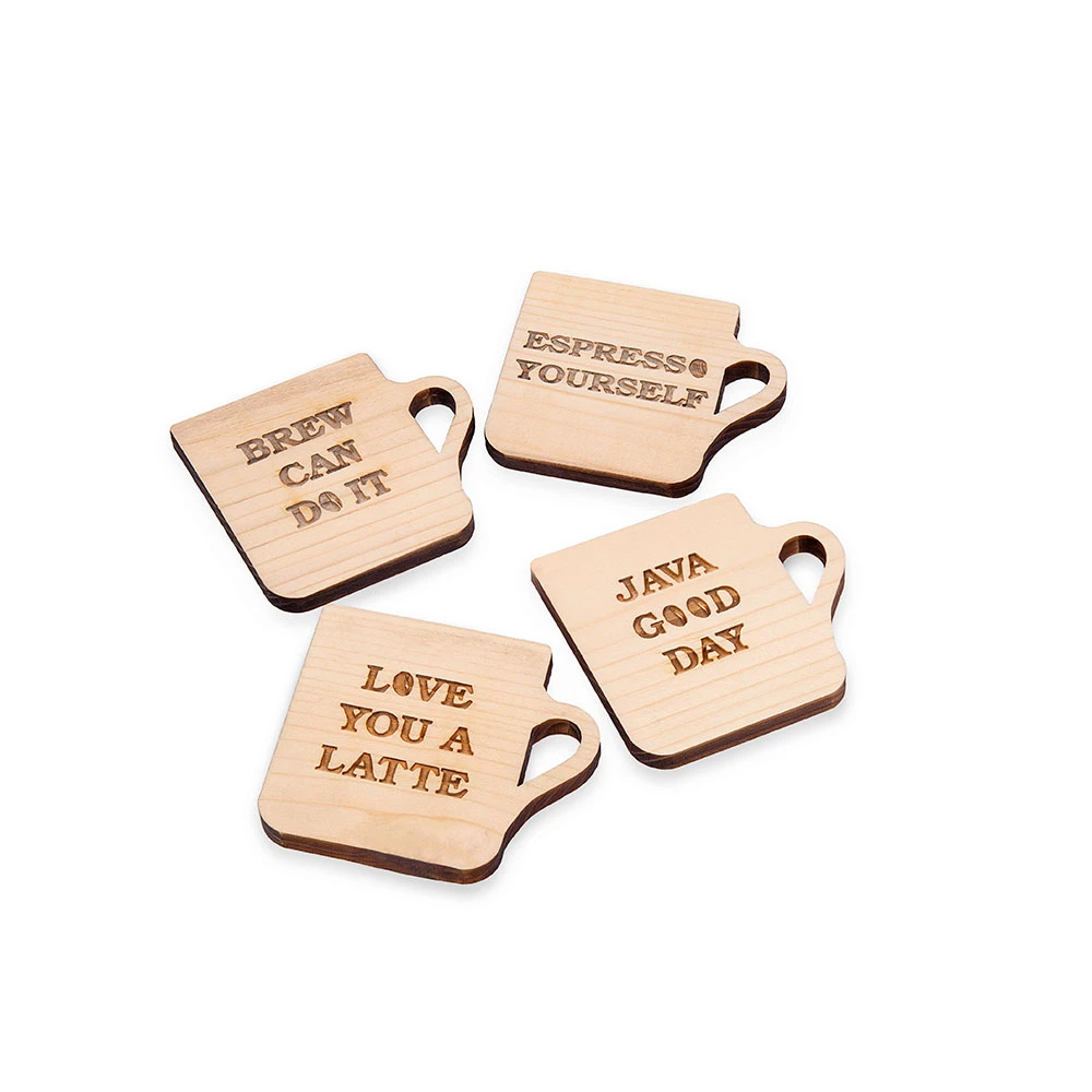 Set of four engraved wooden cup-shaped coasters on white background with different coffee quotes