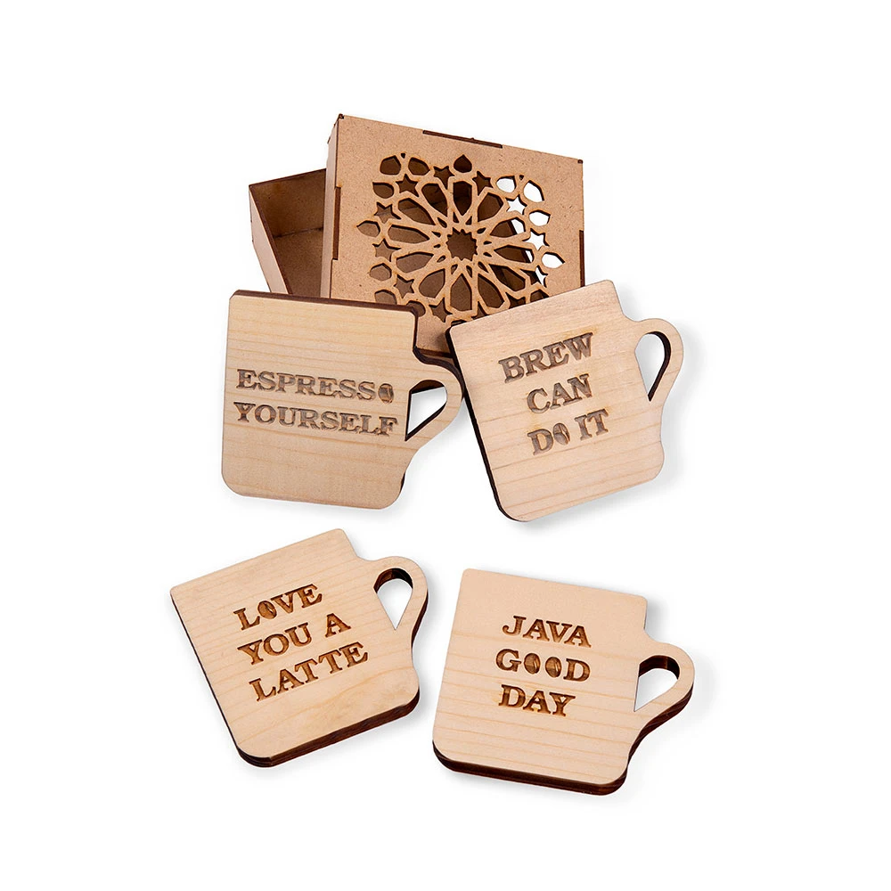 Four wooden coffee quote coasters displayed with a decorative cutwork storage box