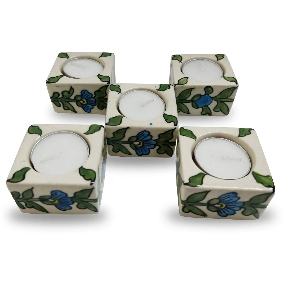 Set of Two square cream candle holders with blue flower and green leaf design