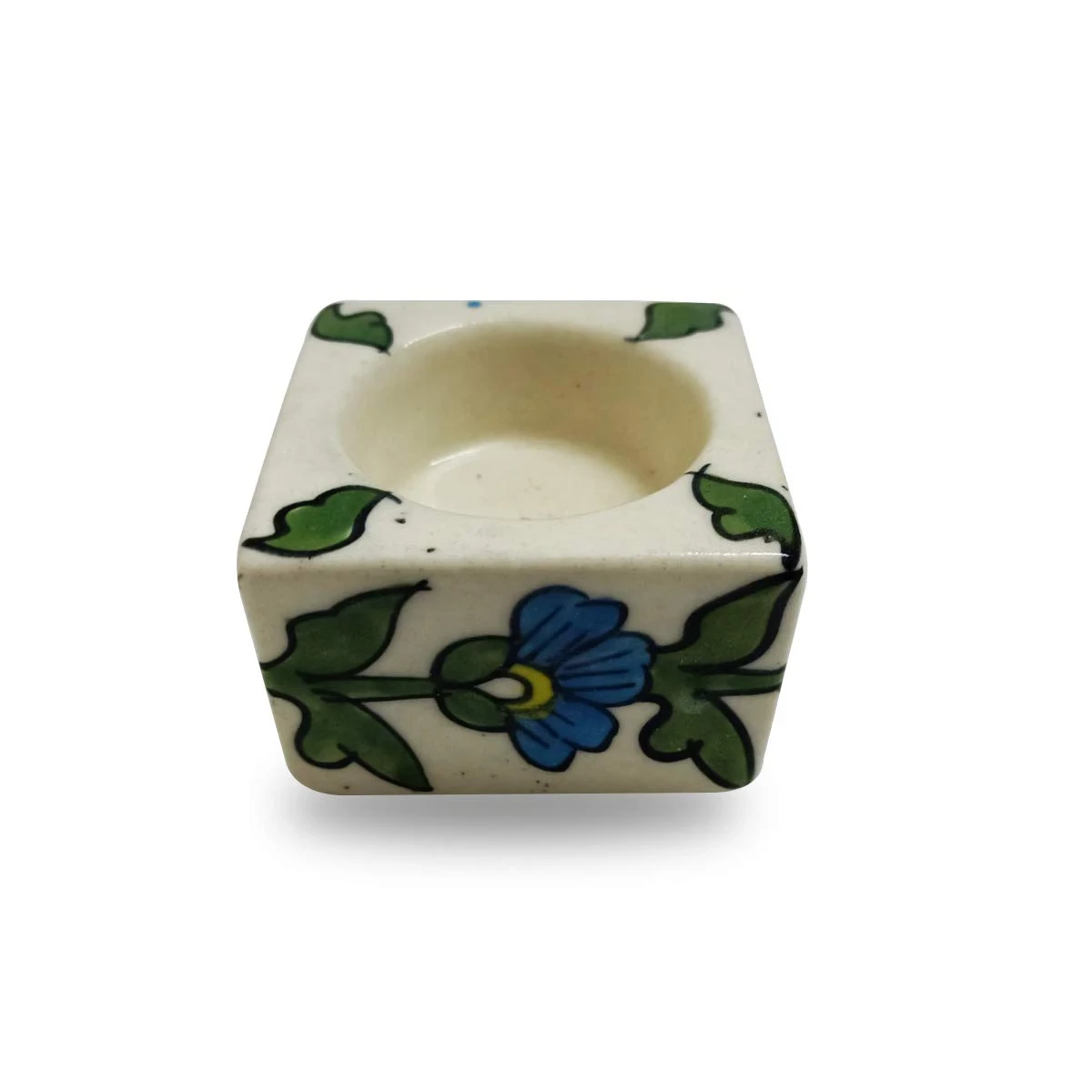 Single empty square candle holder showing the inner tea light cavity and floral side panel