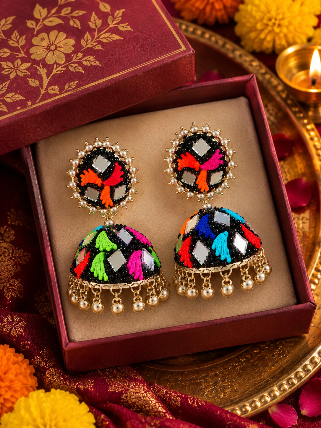 Pair of multicolor beaded mirror jhumka earrings with pearl drops displayed in a maroon gift box