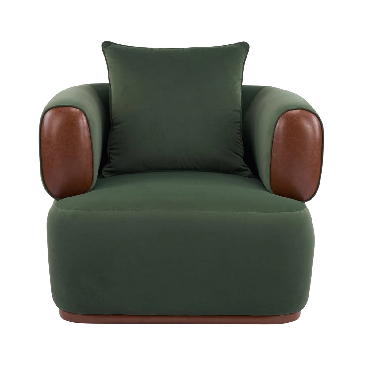 Front view of the deep green armchair with matching back cushion and brown arm panel accents