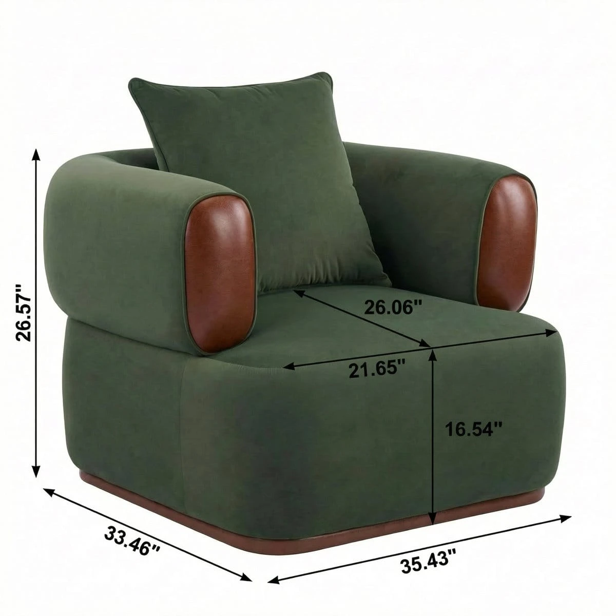 Angled view with size annotations showing seat depth, width, height, and overall dimensions