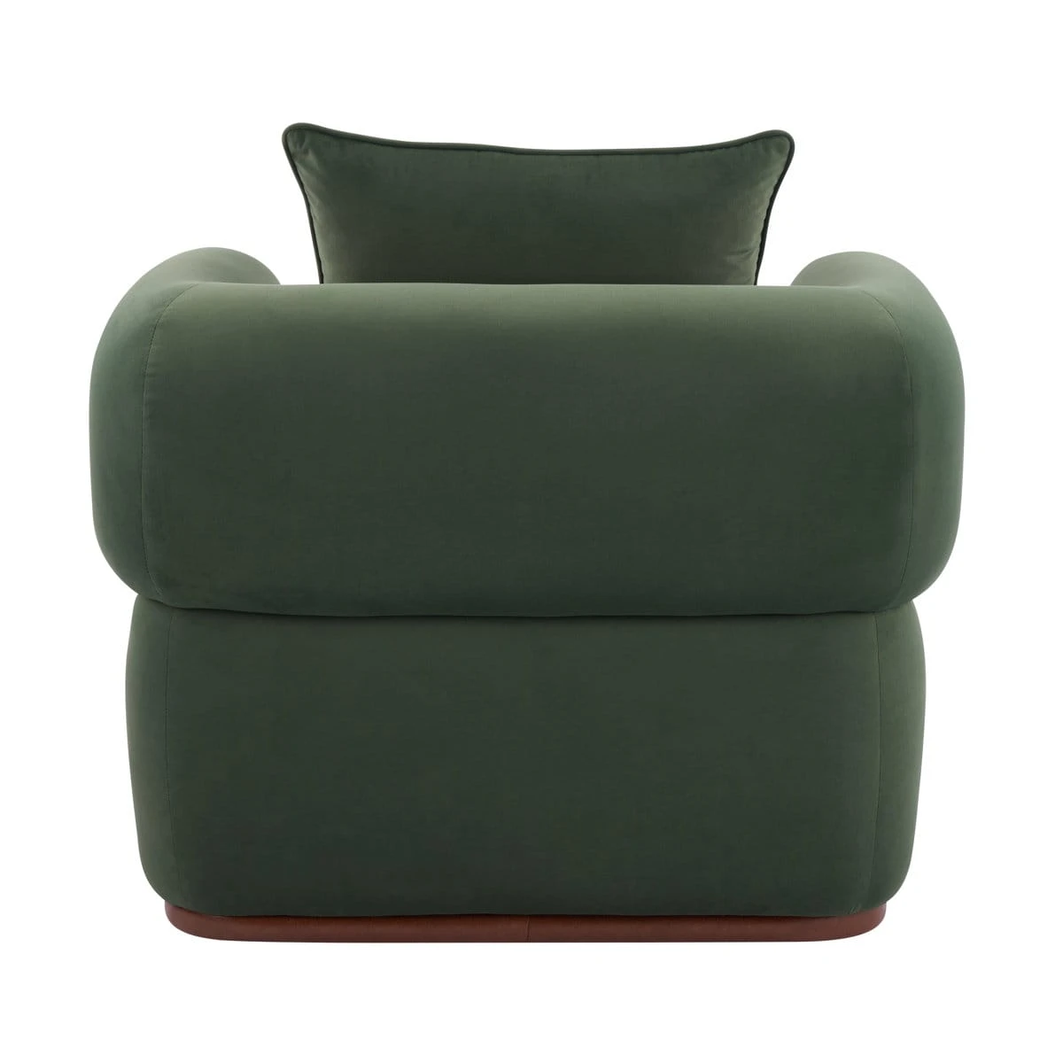 Rear view of the upholstered chair showing its rounded back and brown base trim