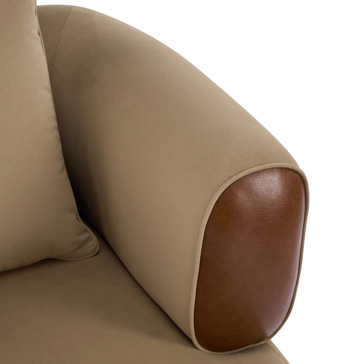 Close-up of the beige armrest showing smooth piping and brown leather-look side accent