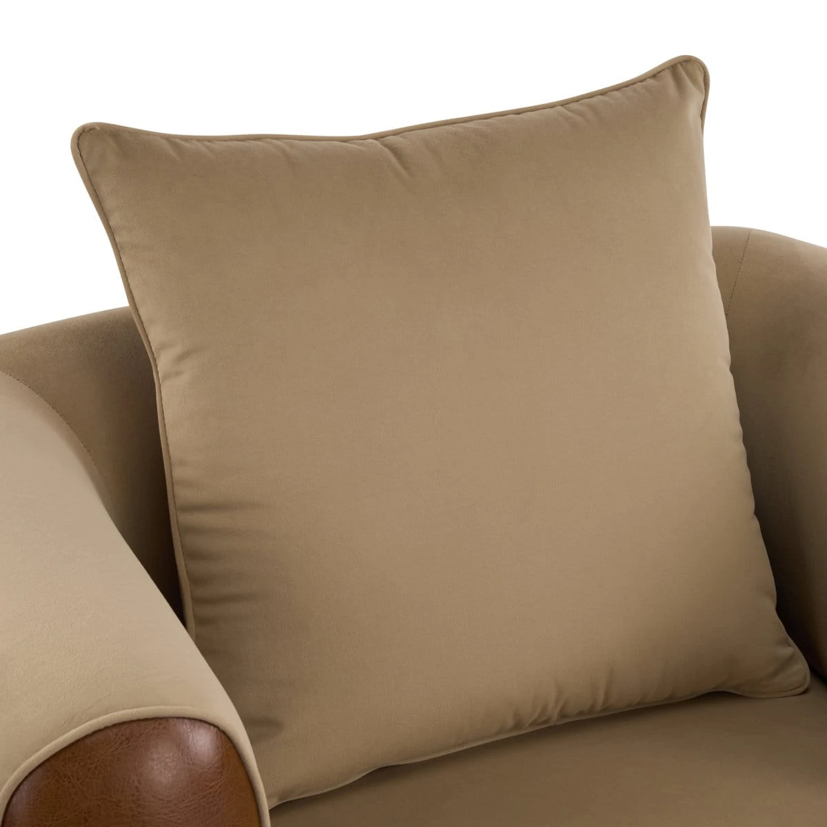 Front close-up of the beige back cushion nestled between rounded upholstered arms