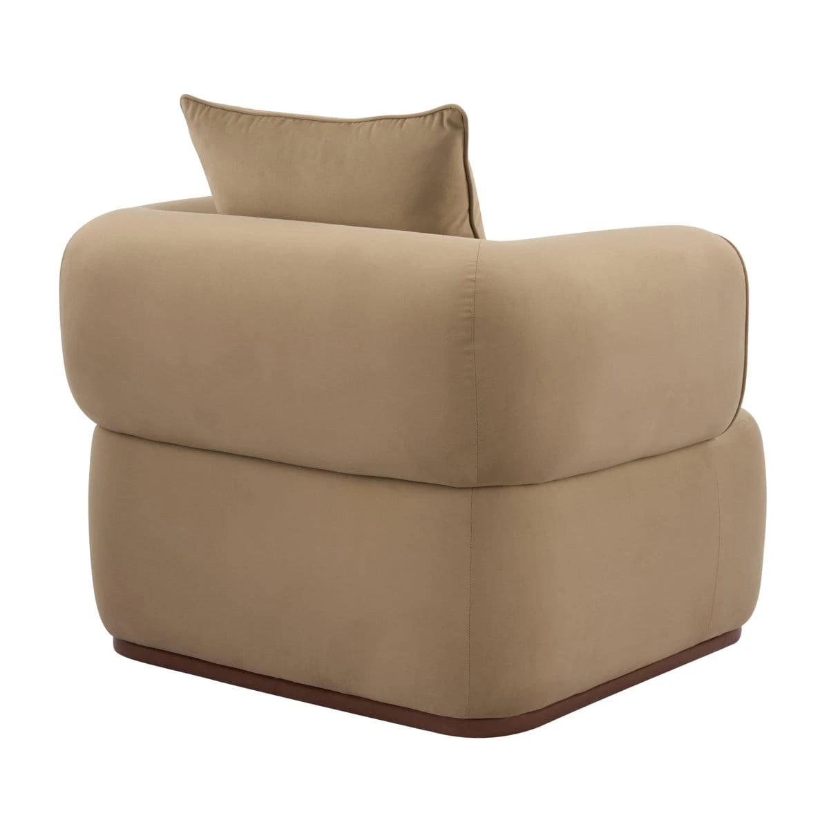 Rear angled view of the beige armchair with curved back, matching cushion, and brown base trim