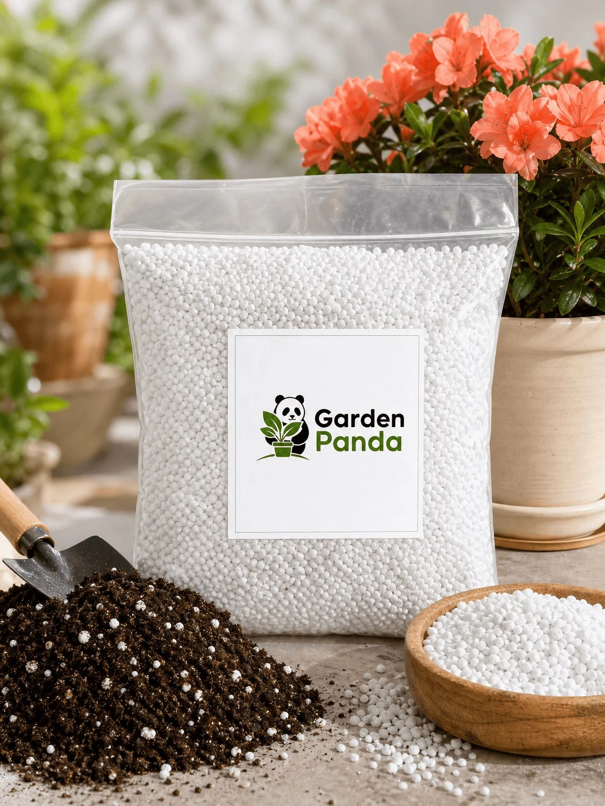 Clear Garden Panda bag of white perlite granules displayed with a trowel, soil pile, and bowl of pellets