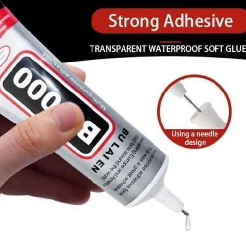 Hand holding B-7000 tube with fine needle-tip applicator and droplet, strong adhesive callout