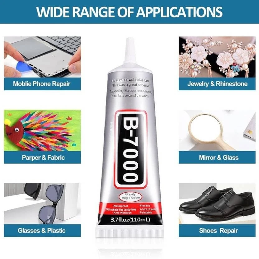 Application chart showing B-7000 use for phone repair, jewelry, paper, glass, glasses and shoes