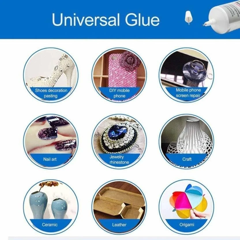 Universal glue infographic with uses for nail art, ceramics, leather, origami and phone screen repair