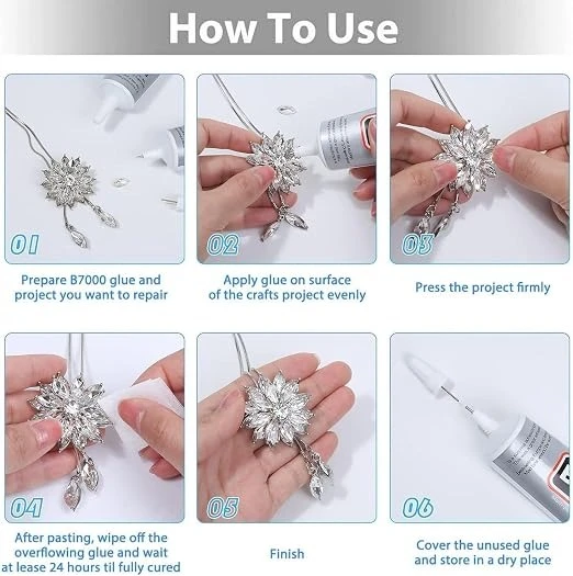 Step-by-step guide showing glue application on a rhinestone brooch and cap storage instructions