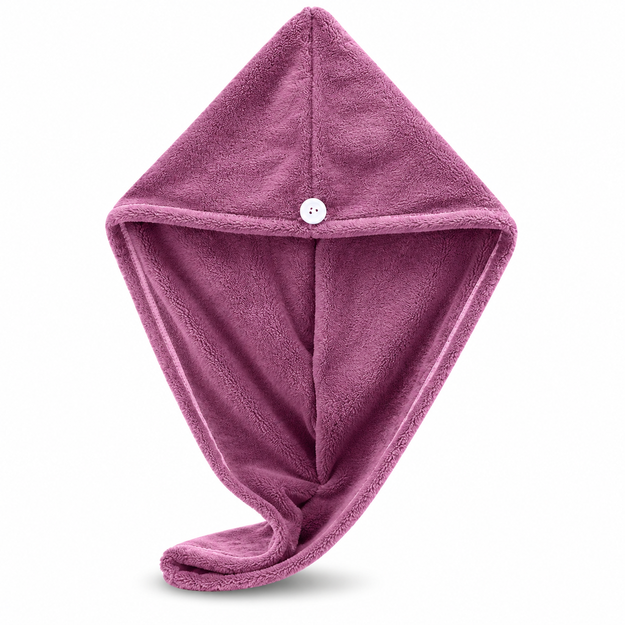 Purple microfiber hair wrap towel opened flat, showing triangular hood shape and white front button