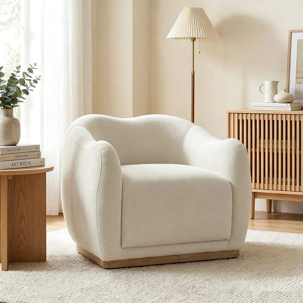 Angled view of the cream upholstered armchair showing its curved tub shape and low wood-look plinth base