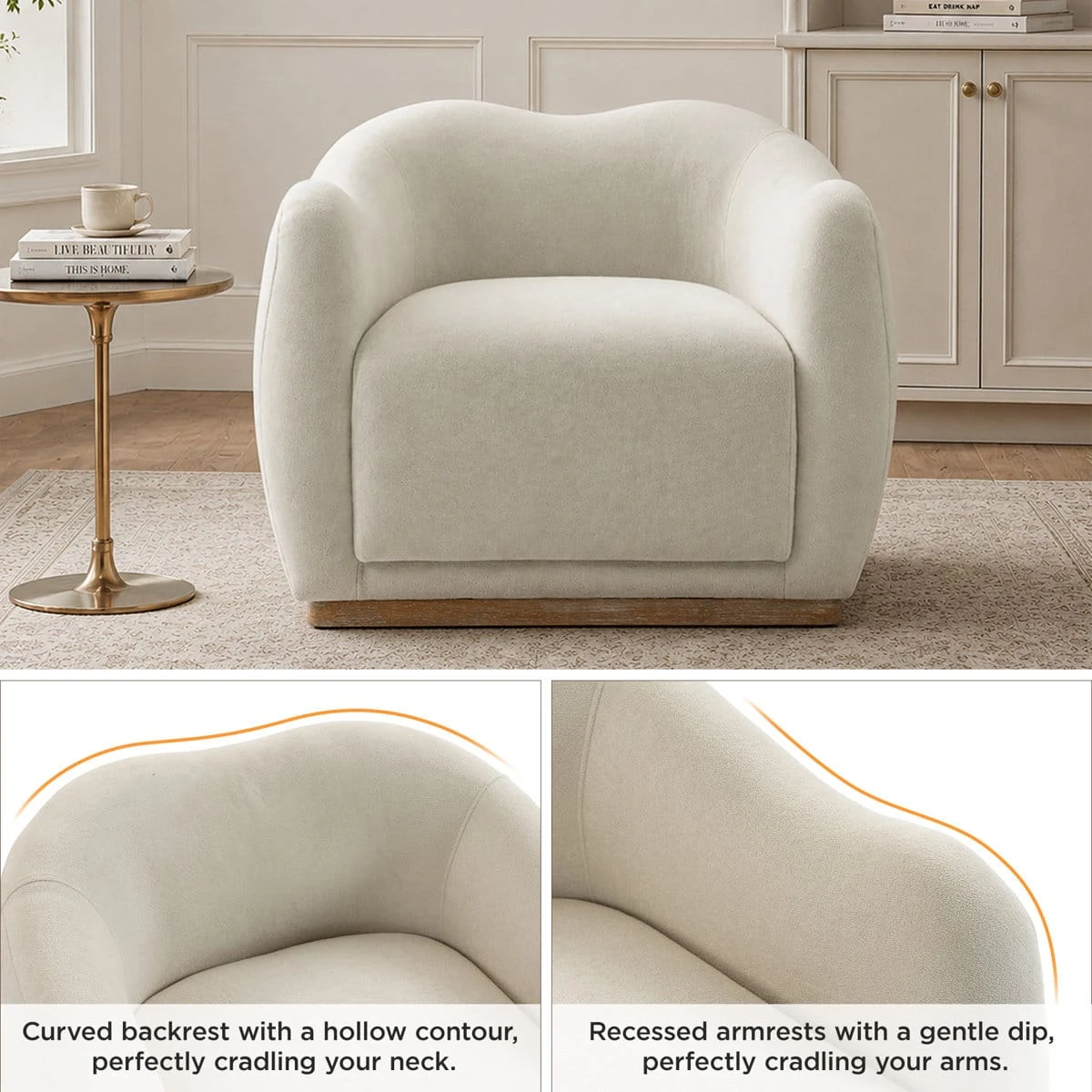 Feature collage highlighting the chair's curved backrest and gently dipped recessed armrests