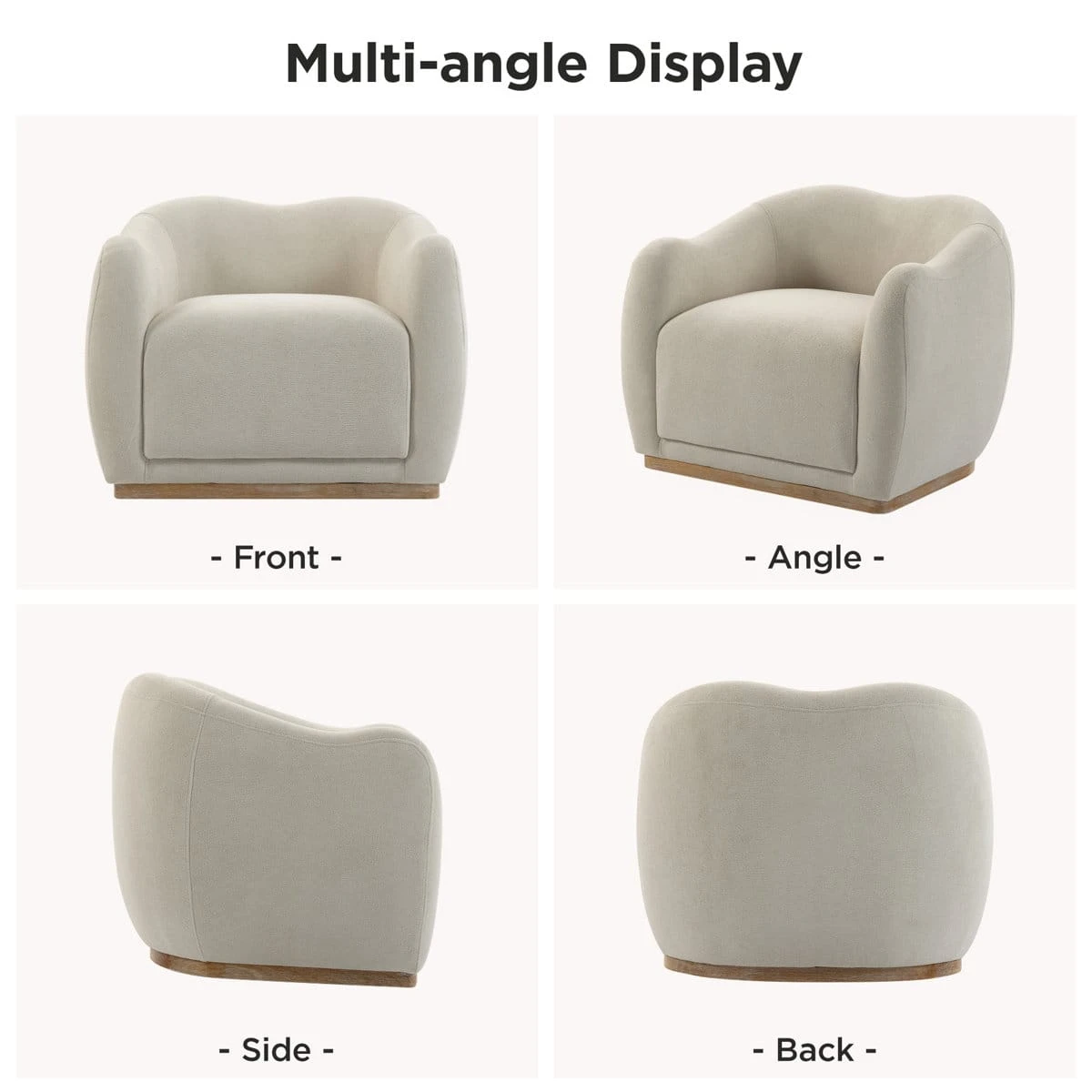 Four-panel display showing front, angled, side, and back views of the cream accent chair