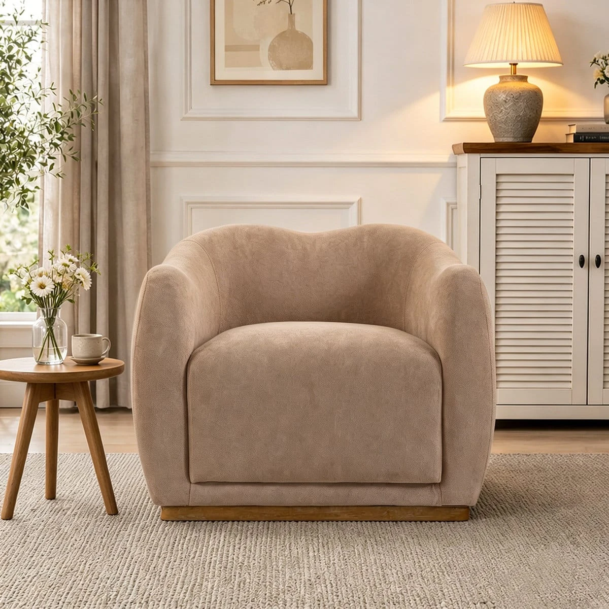 Straight front view of the plush beige accent chair styled beside a side table and lamp