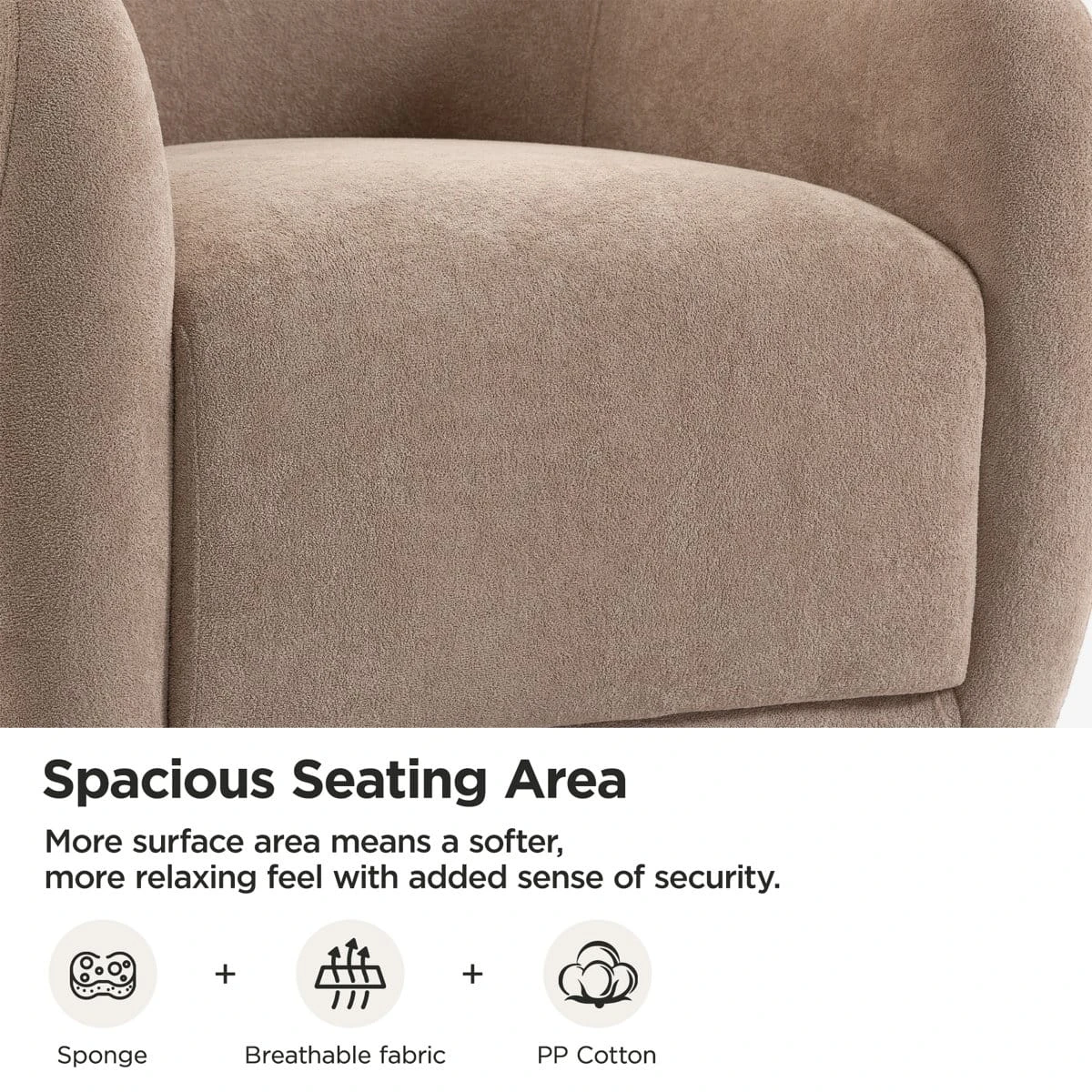 Close-up of the chair seat and upholstery texture with spacious seating area feature text