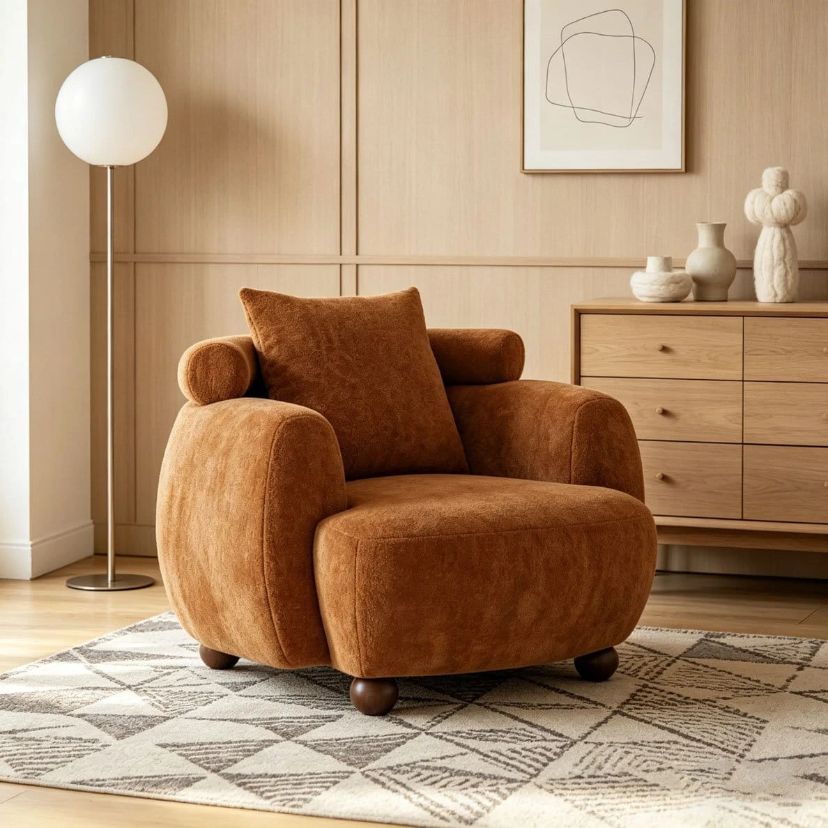 Front view of the rust brown armchair showing the deep seat, matching back cushion and curved silhouette