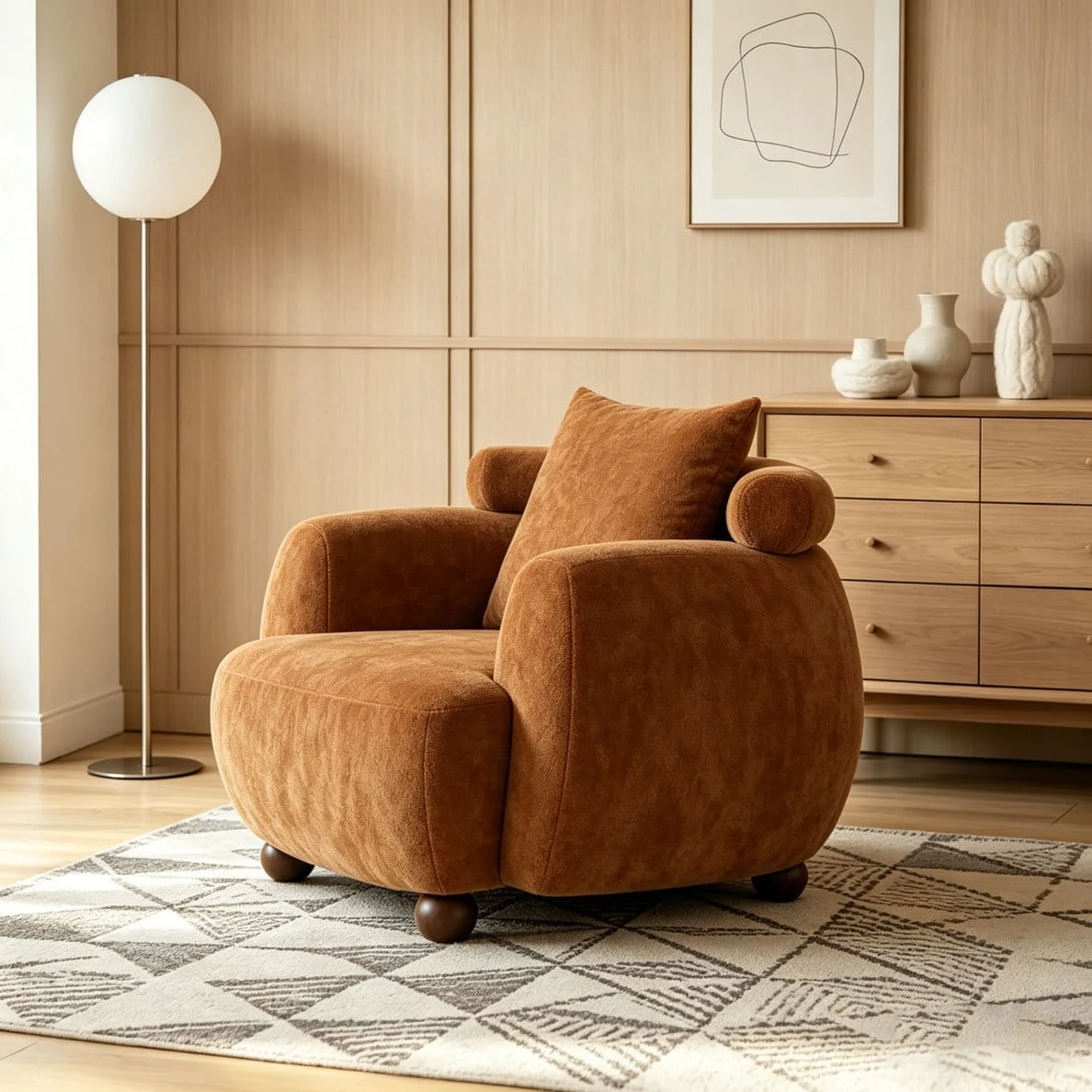 Angled front-right view highlighting the chair's rounded arm, soft upholstery and low wooden feet