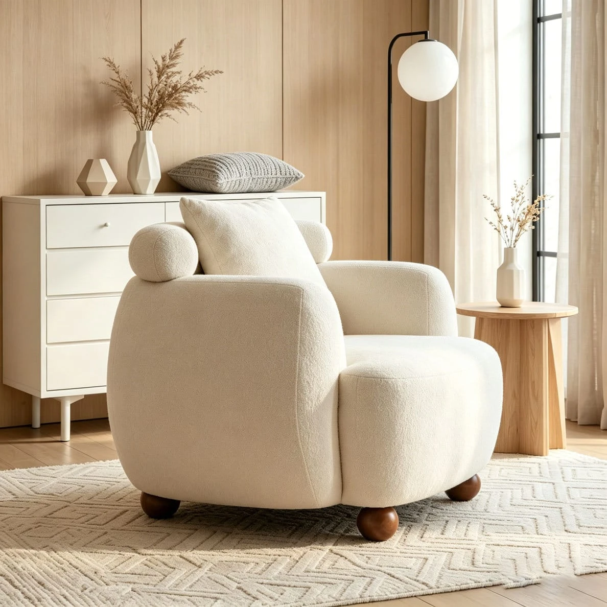 Left angled view highlighting the curved armrest, cylindrical bolster and deep cushioned seat