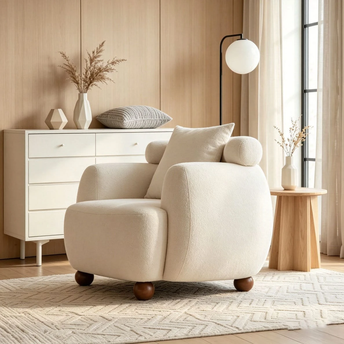 Side-front view of the boucle lounge chair beside a wooden side table in a bright neutral room