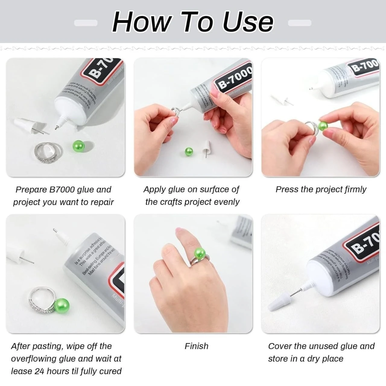 How-to infographic showing B-7000 glue repairing a ring in six steps, from applying adhesive to finished wear