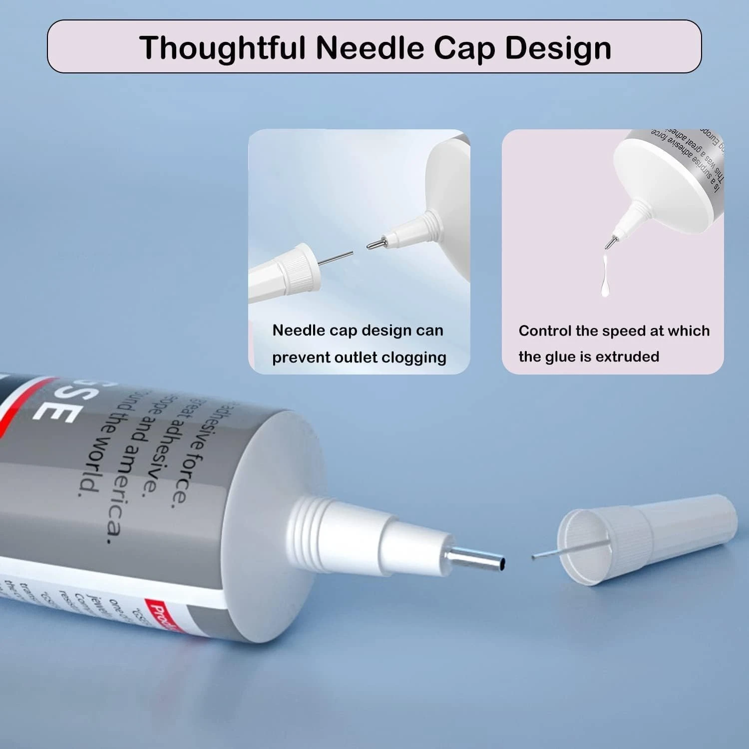 Close-up of B-7000 tube tip and needle cap design infographic showing anti-clog cap and controlled glue flow