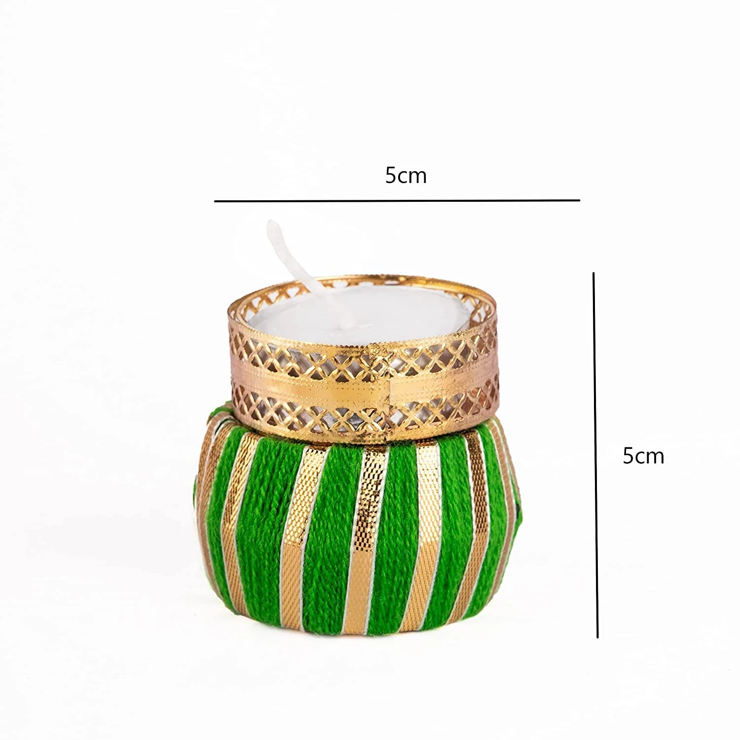 Close-up of green and gold tealight holder with 5 cm width and height marked on white background
