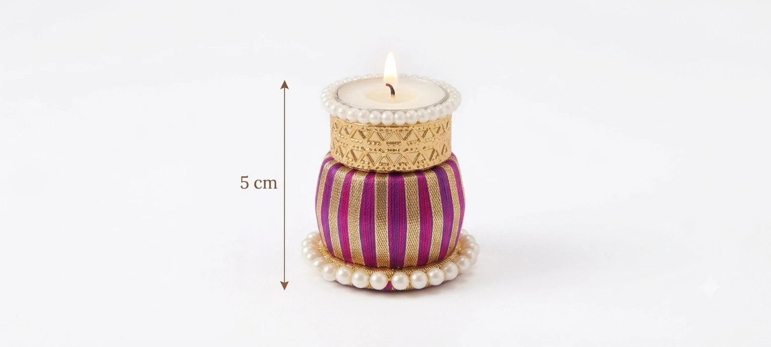 Single pink and gold striped tealight holder with pearl border shown with 5 cm height marking