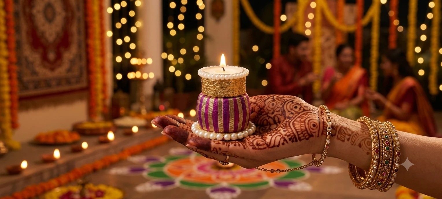 Pink and gold pearl-trim tealight holder displayed in a mehendi-decorated hand at a festive setting