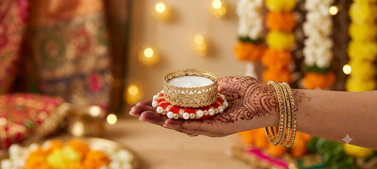 Single decorative tealight holder displayed on a mehndi-decorated hand in a festive setting