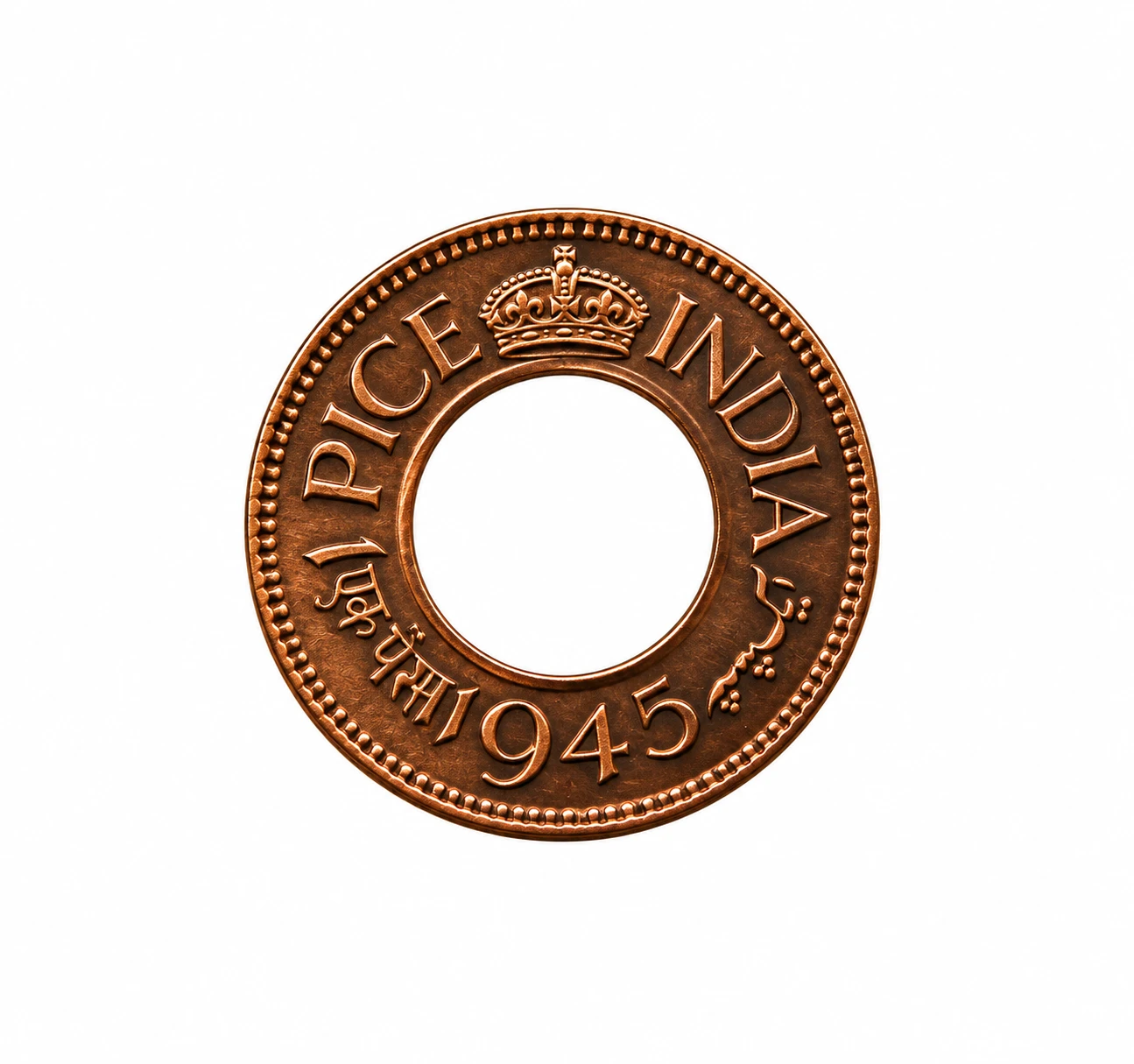 Reverse side of 1945 India one pice copper coin with center hole, crown, Devanagari and Urdu script