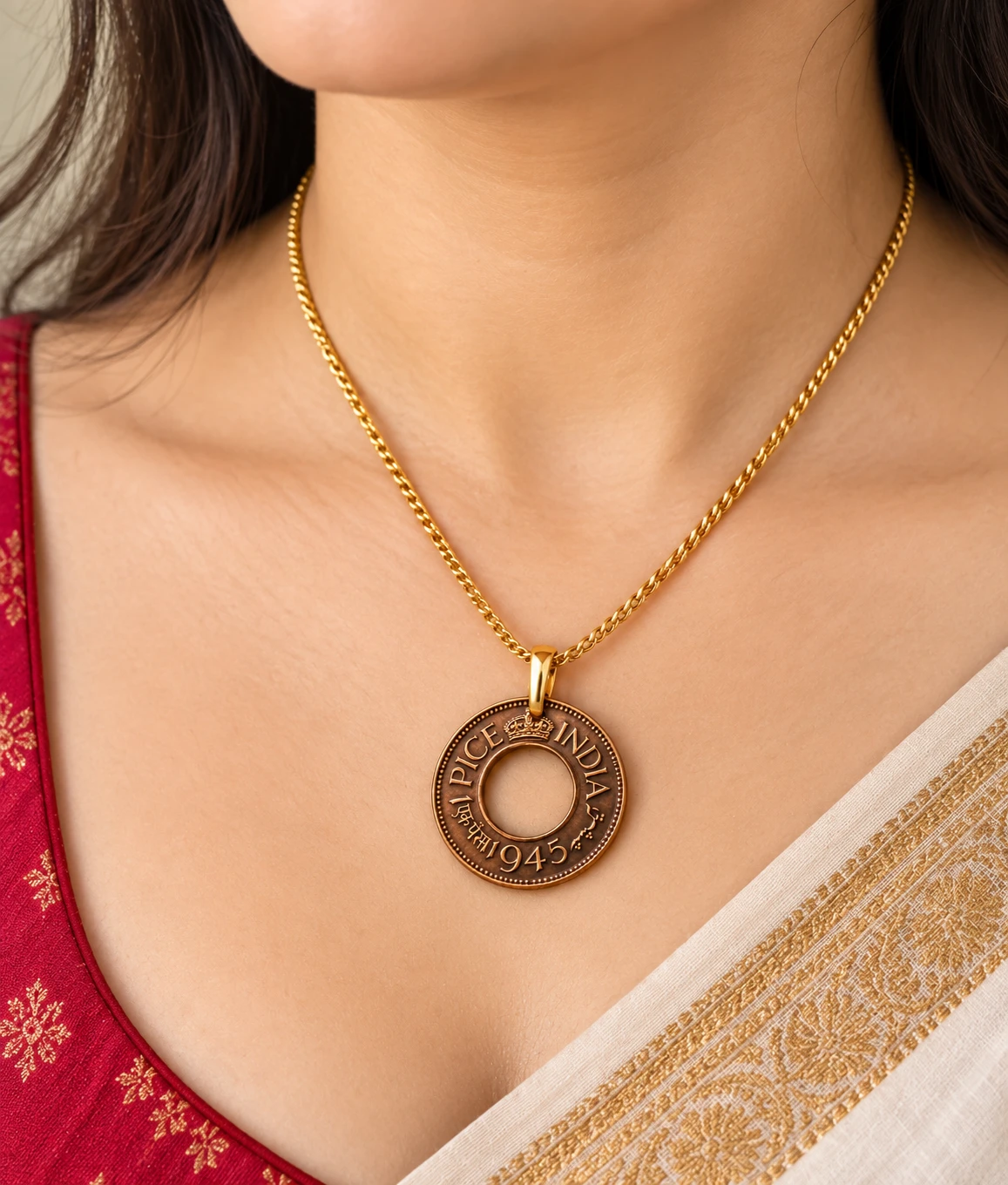 1945 India one pice coin pendant on a gold-tone chain, worn with a red blouse and cream sari